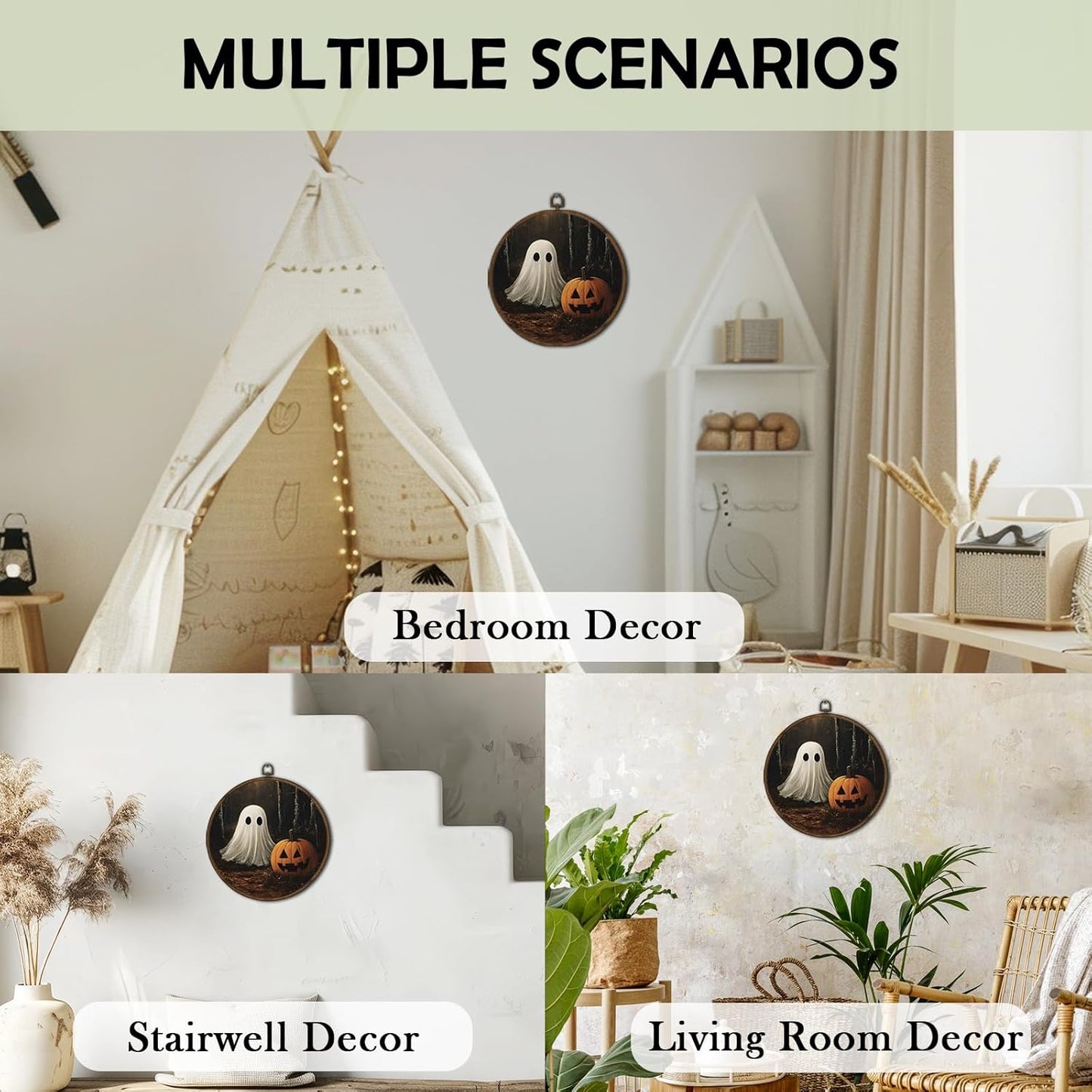 cvjutf Vintage Ghost Halloween Wall Art Framed, Ghost Bathroom Decor, Gothic Dark Academia Fall Round Wall Decor, Witchy Halloween Pumpkin Canvas Prints Art for Bedroom Bathroom Living Room, 10x10 In