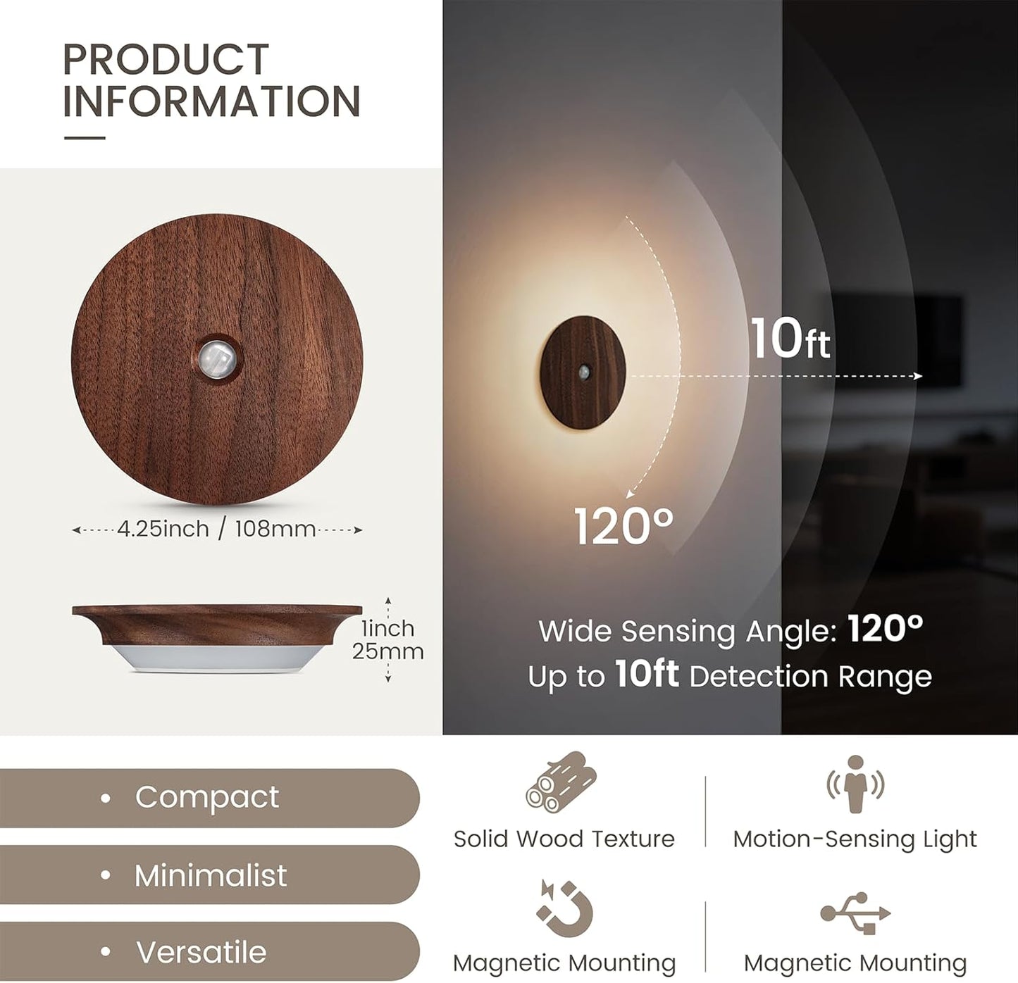 Motion Sensor Night Light Wood Rechargeable Battery-Powered Stick-On Step Lights Loftie Lights Magnetic Closet Warm Nightlight for Hallway Bedroom Stair (2 Pack Black Walnut)