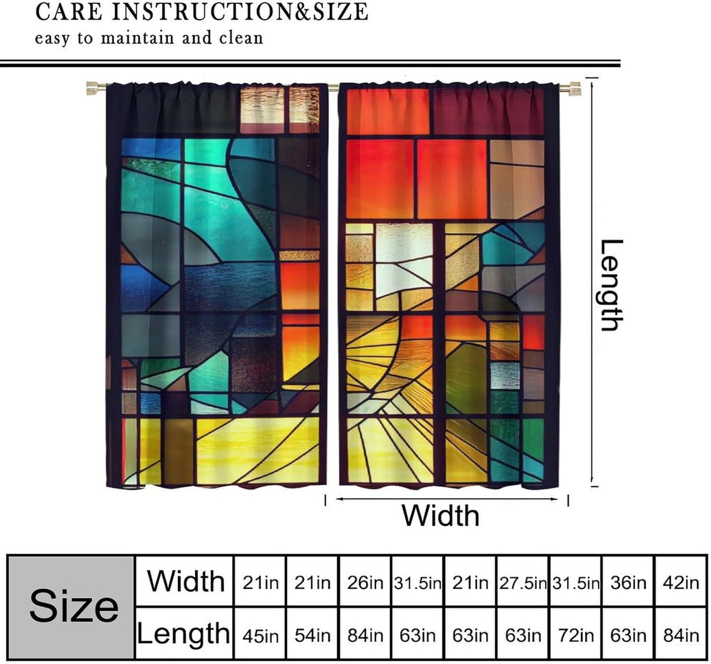 Stained Glass Curtains,Retro Abstract Colorful Geometry Textures Art Home Decor Drapes for Bedroom Living Room Kitchen Window Treatment 2 Panels Set Total Size 42" W X 63" L Inch