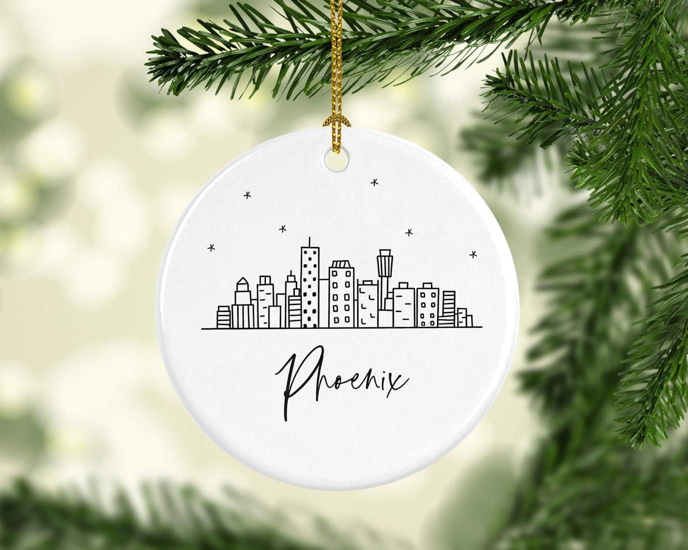 Andaz Press Round Ceramic Porcelain Christmas Tree Ornament Keepsake, Phoenix Black and White Stars City Skyline Graphic, 1-Pack, Birthday Gift Idea for Family Coworker Him Her, Includes Gift Box