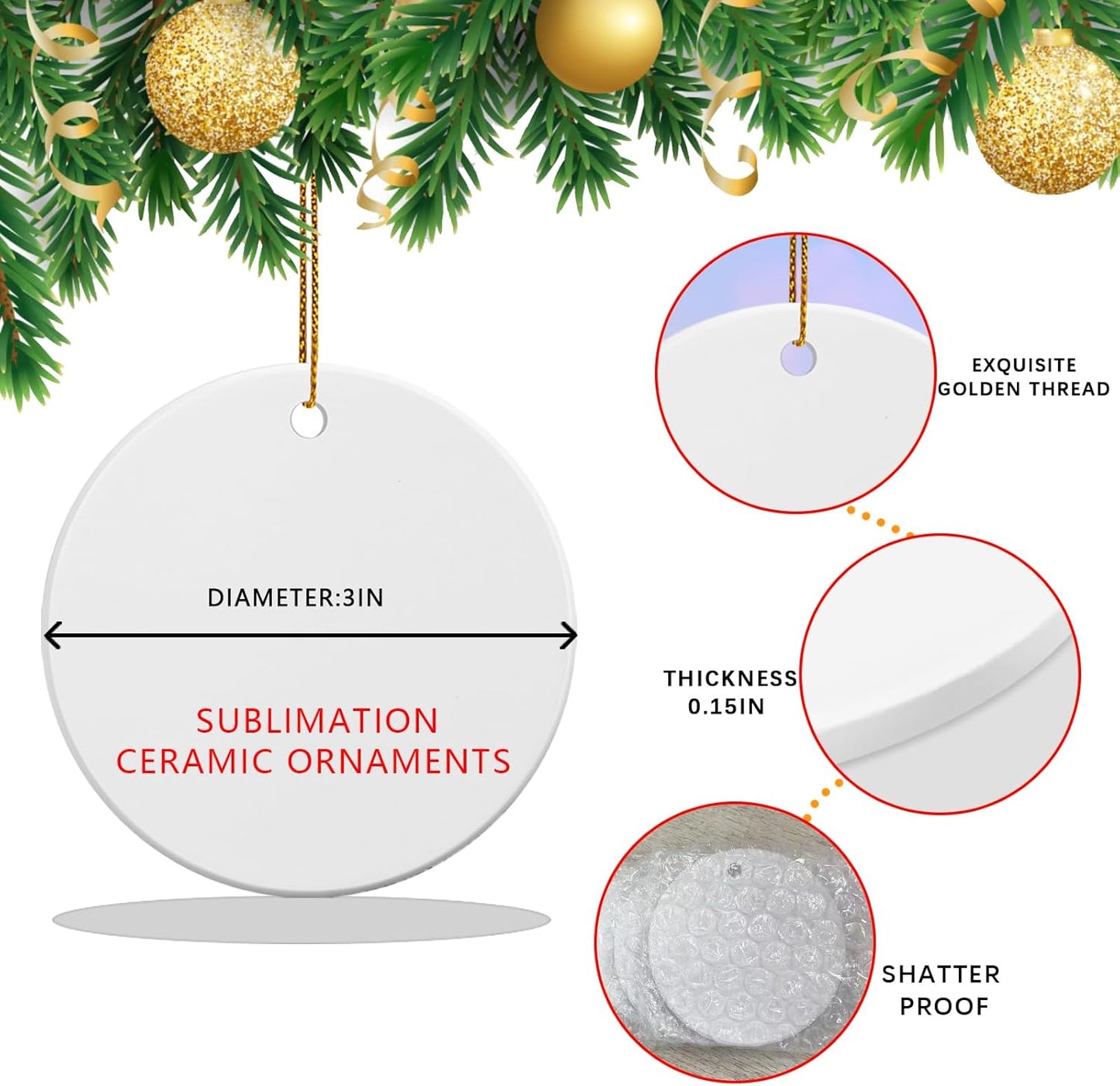 10 PCS Ceramic Sublimation Ornament Blanks Bulk 3 Inch White Round Crafts DIY Personalized Printed Christmas Home Porcelain Paintable Decorate