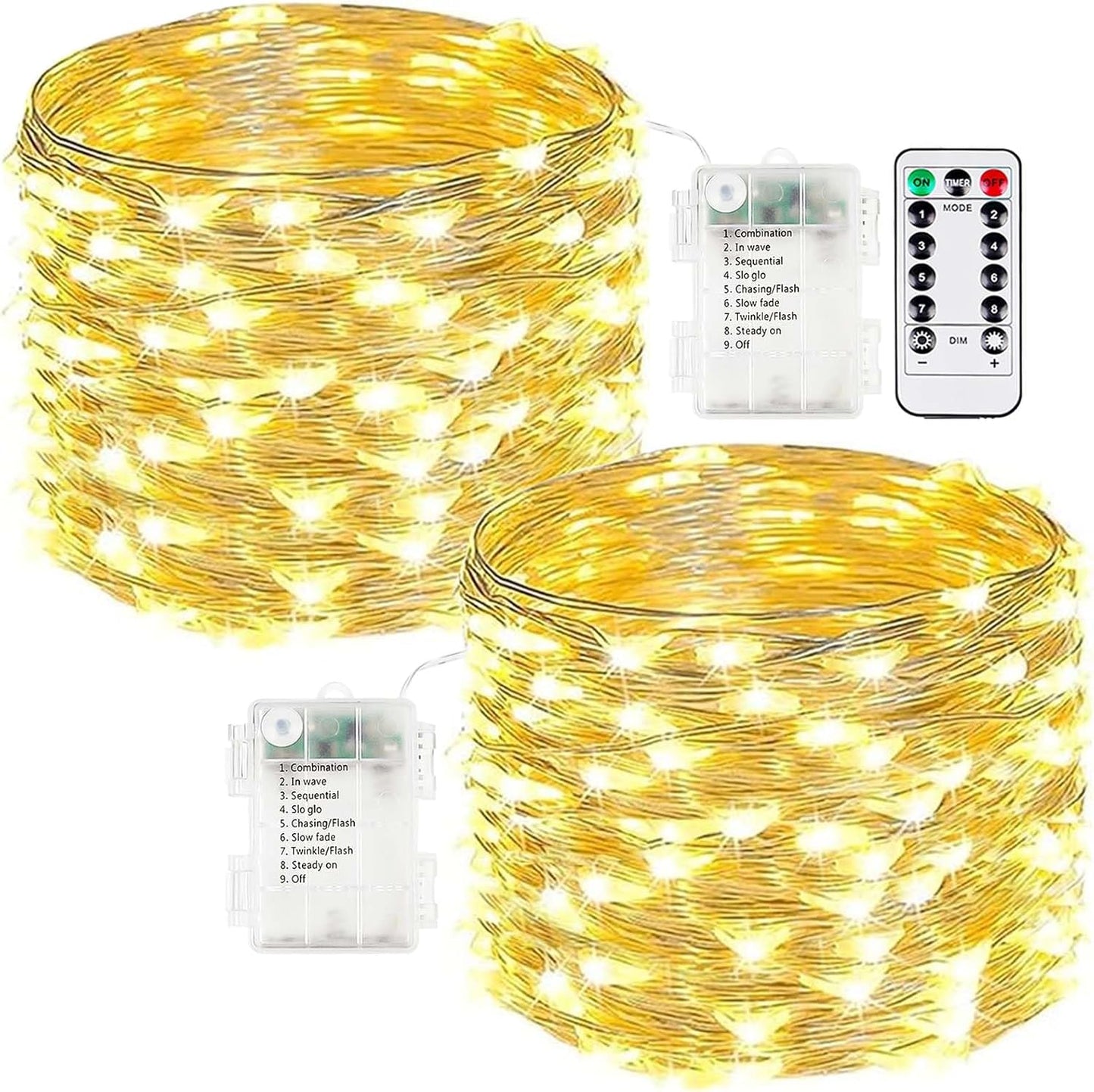 2-Pack Fairy Lights Battery Operated with Remote, Waterproof 33FT 100 LED Battery String Lights Outdoor Indoor, 8 Modes Twinkle Lights with Timer for Bedroom Classroom DIY Christmas Decor (Warm White)