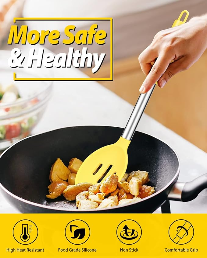 Pack of 2 Large Silicone Cooking Spoons,Non Stick Solid Basting Spoon,Heat-Resistant Kitchen Utensils for Mixing,Serving,Draining,Stirring (YELLOW)