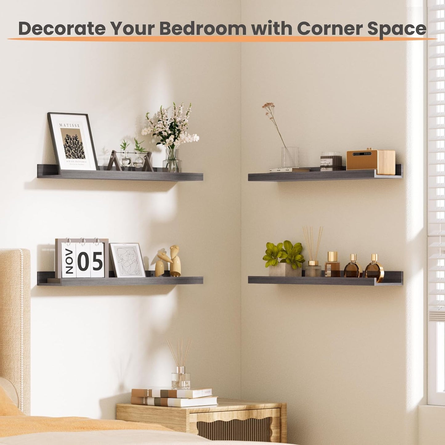 upsimples Floating Shelves for Wall, Wood Mounted Shelf Decor Storage Set of 6, for Bedroom, Living Room, Bathroom, Kitchen, 23.6 inch Long Picture Ledge, Grey