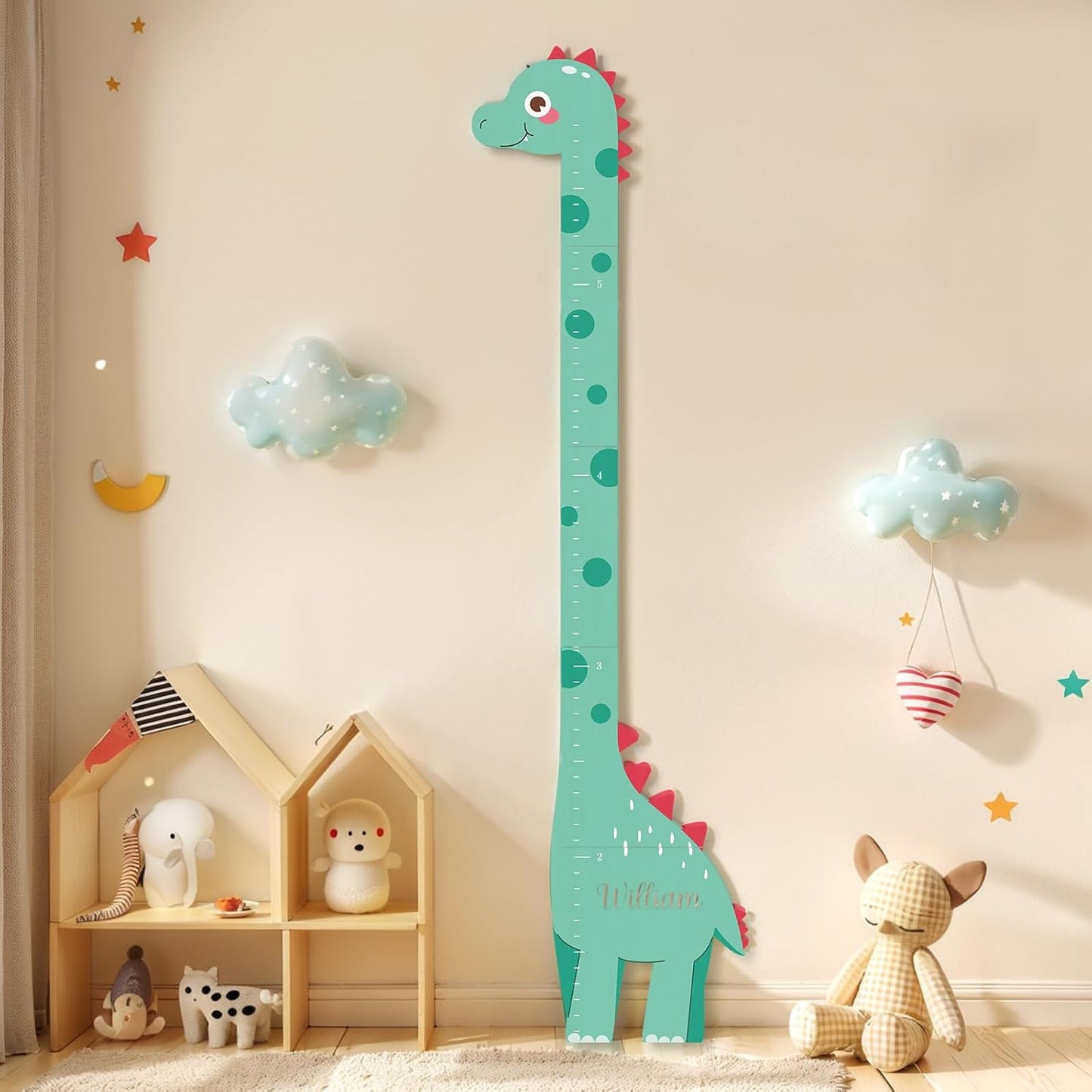 Personalized Name Growth Chart, Dinosaur Wooden Height Chart, Thick Height Measuring Board, Kids Height Tracker for Nursery Decor, Baby Boy Girl Measurement Ruler, Growth Charts Ruler