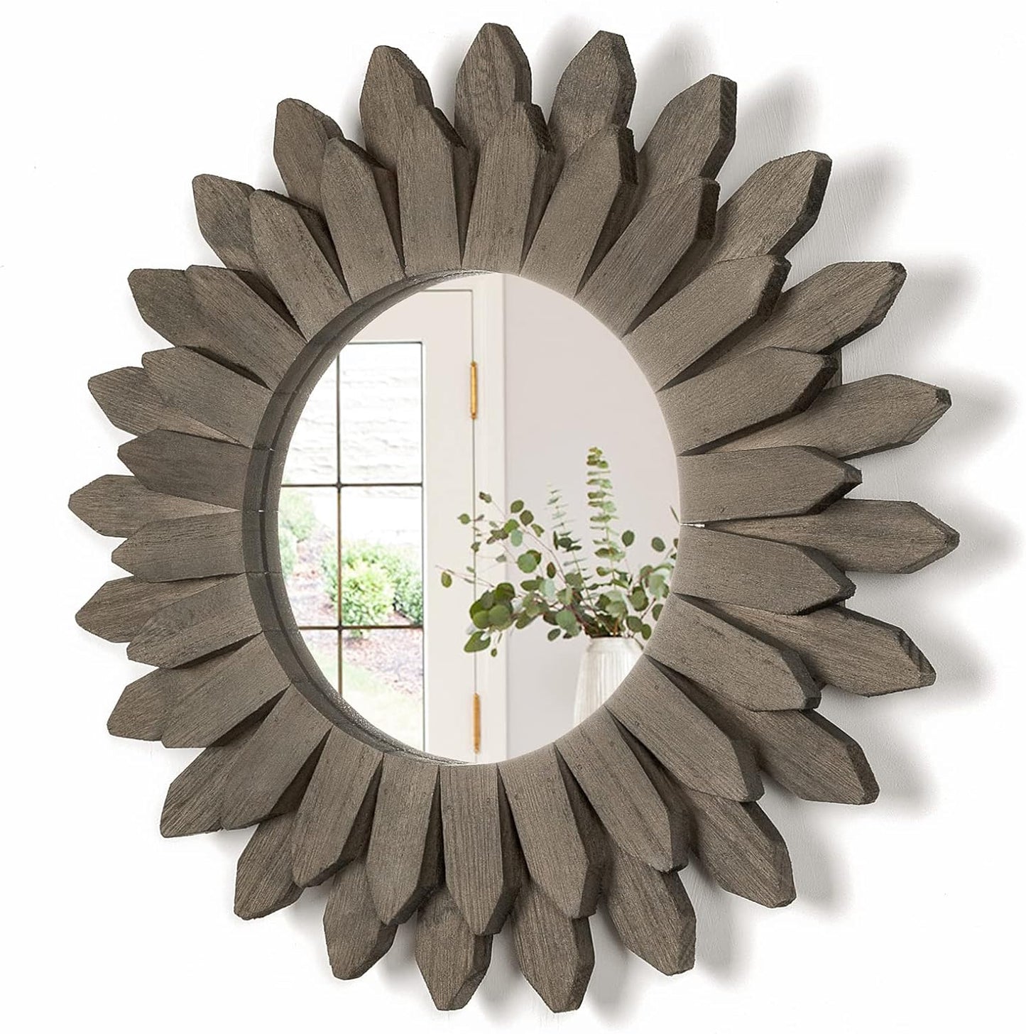 Honiway Farmhouse Wall Decor Mirror 12 inch Sunburst Boho Wood Mirror Rustic Home Decor Room Decoration for Bedroom Living Room Weathered Grey