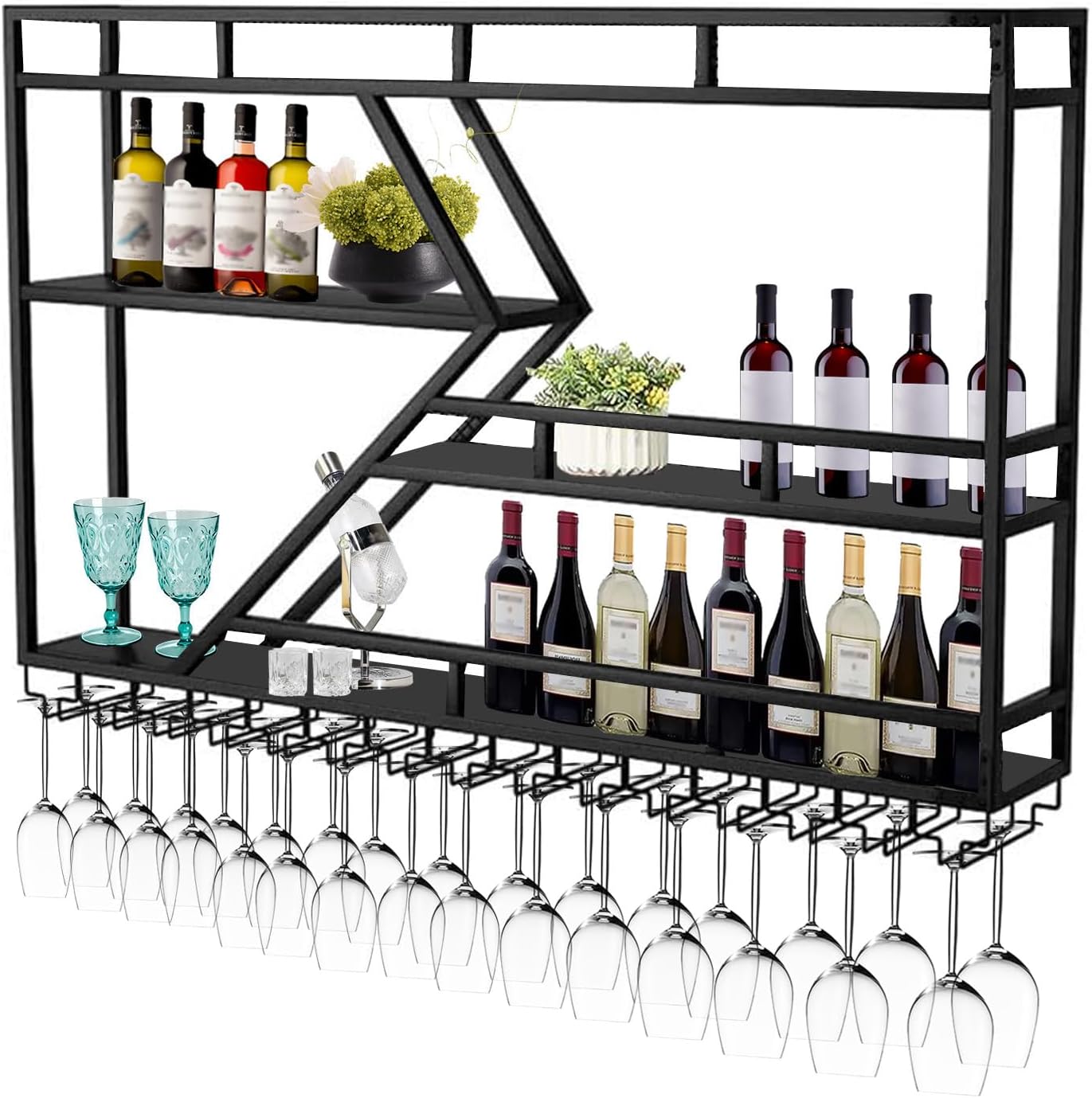 Wall Mounted Wine Rack with Glass Holder, 3-Tier Metal Storage Shelf, Black Diamond Design, Wine Bottle Display with Stemware Storage (Black, 39.37in/Right)