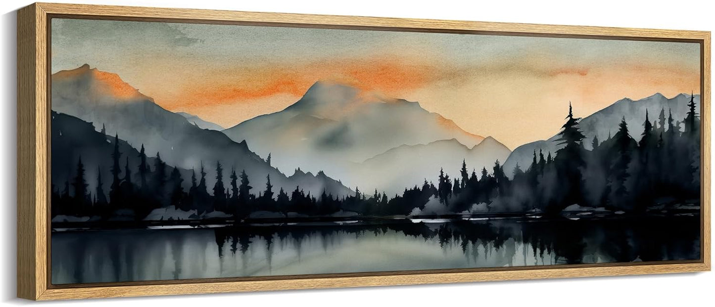 MUDECOR Large Framed Canvas Print Wall Art Sunset Mountain Range and Lake Panoramic Antique Retro Fine Art Illustrations Decorative Colorful for Bedroom - 60"x20"