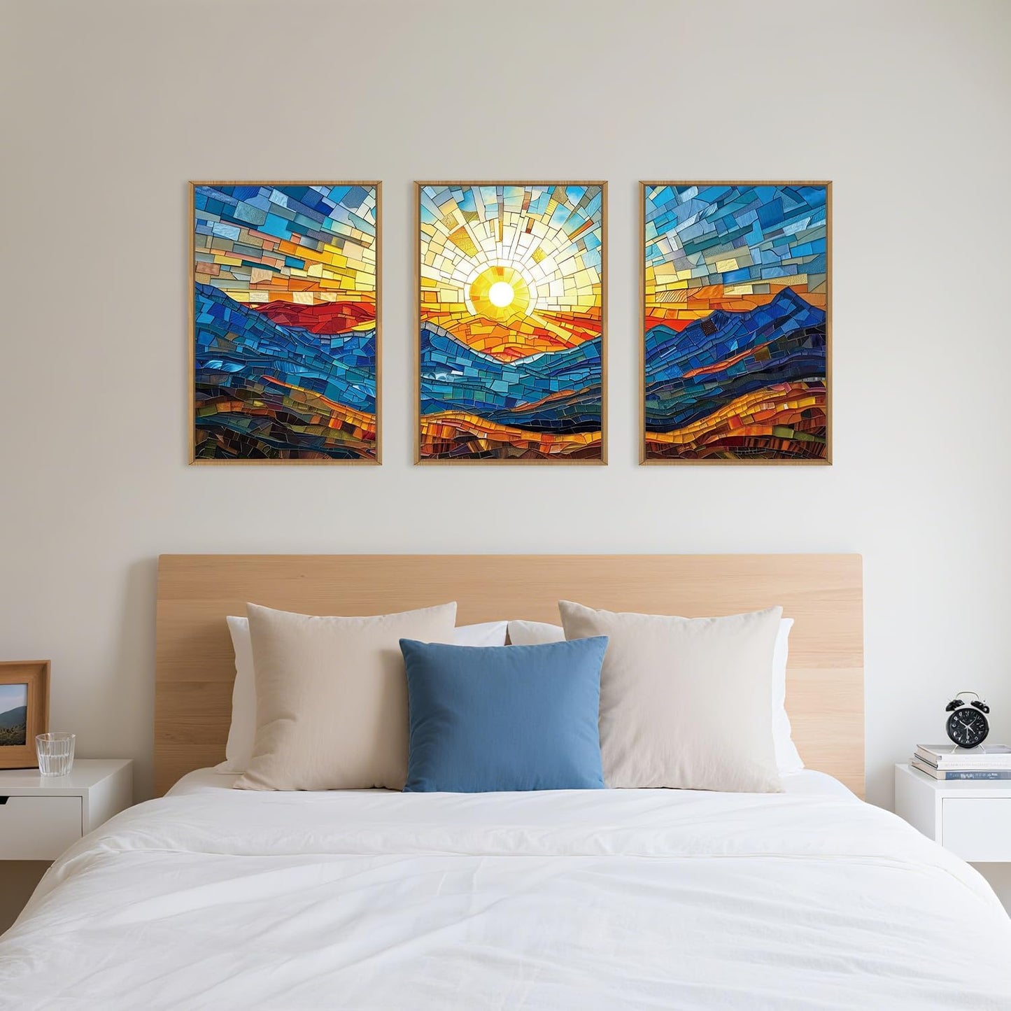 Mountains Framed Canvas Wall Art Set, Modern Abstract Art Painting, Irregular Square Ridge Wall Decor, Sunrise Art Print for Living Room, Bathroom, Bedroom, Office - 16"x24"x3