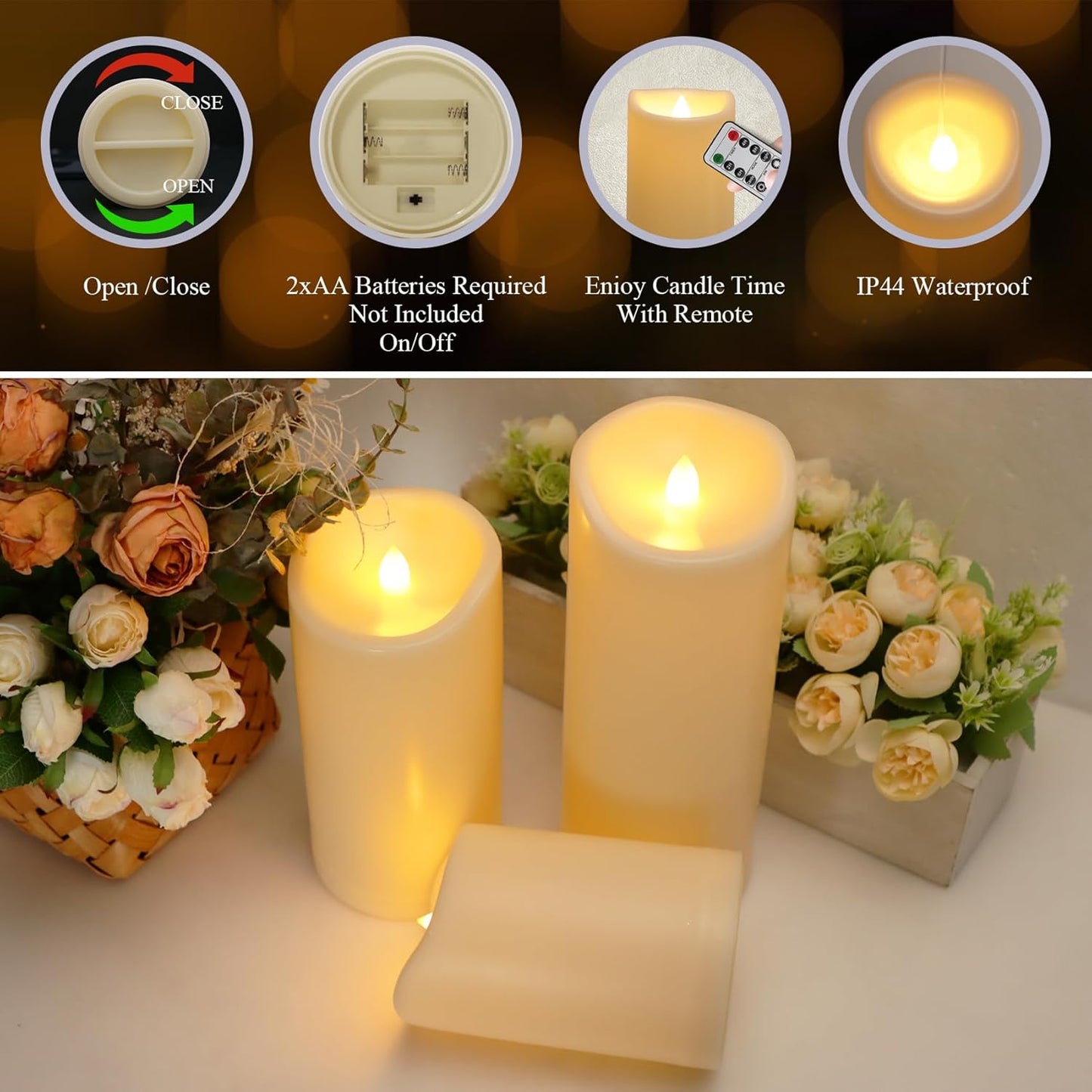 4" x 6" 8" 10" Waterproof Outdoor Flameless Candles with Remote, Flickering Battery Operated LED Pillar Candles for Home, Lanterns Decor, Ivory Plastic