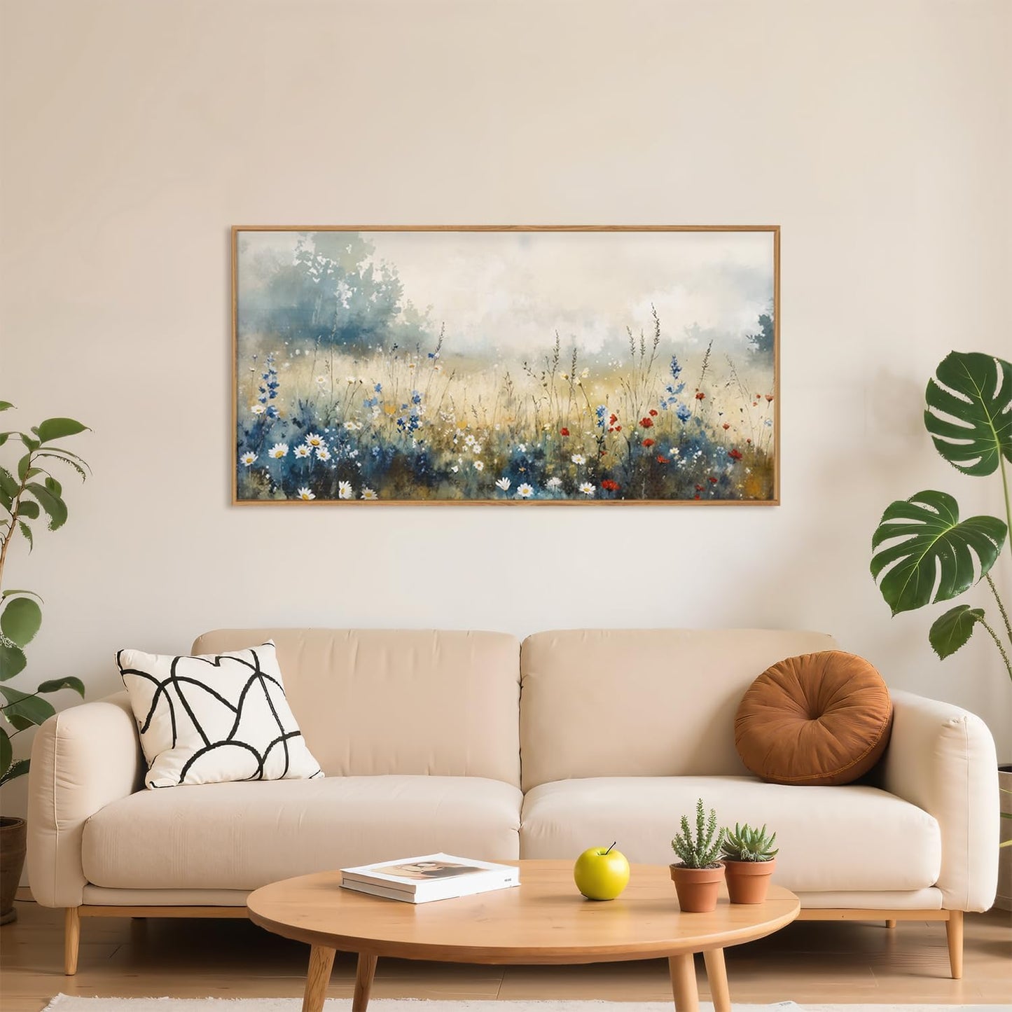 Nature Wildflower Framed Canvas Wall Art Set, Pastoral Landscape Wall Decor, Colorful Meadow Wall Painting, Rustic Floral Art Print for Living Room, Bedroom, Office - 20"X40"