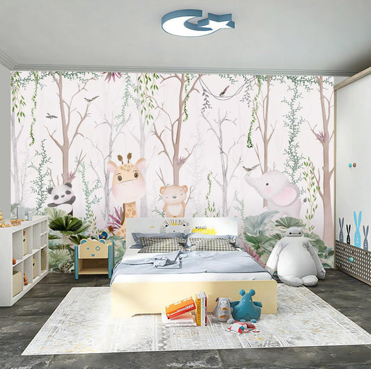 WFBHUA-Kids Tree Wallpaper Cute Animals Plants Bird Wall Decor Mural for Nursery Boys Girls Bedroom Room (Not Peel and Stick)