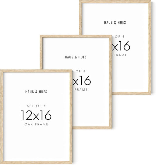 HAUS AND HUES Beige Wood Oak 12x16 Picture Frame, Set of 3 - Modern Wood Wall Art Display - Lightweight 12x16 Frame Set of 3 for Art Prints, Photos, Posters - Ready-to-Hang Vertically & Horizontally