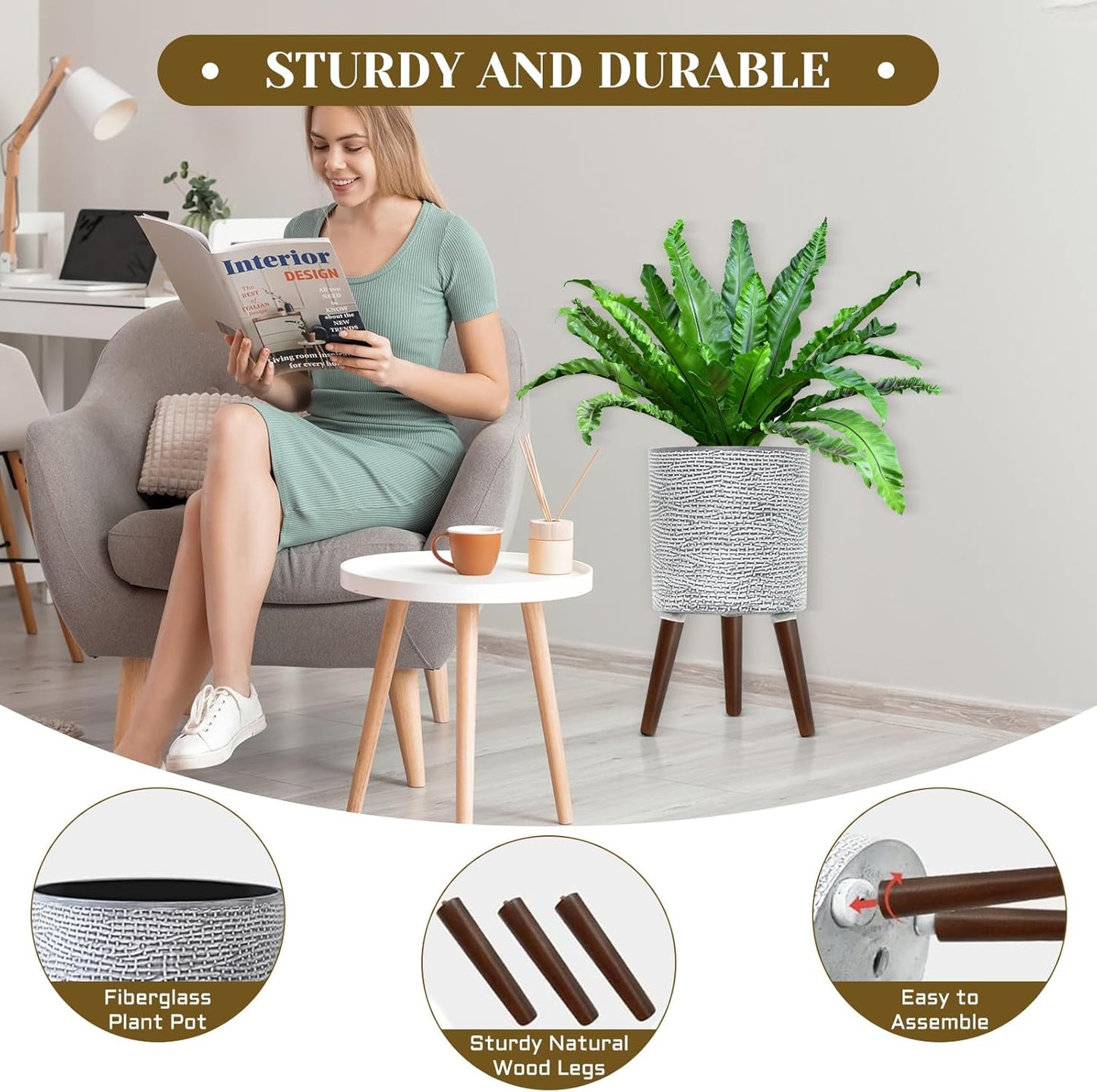 Flower Pot with Legs Tall Flower Pot with Drainage Holes for Indoor and Outdoor Decorative Planting (Gray Wave, 10 Inches)