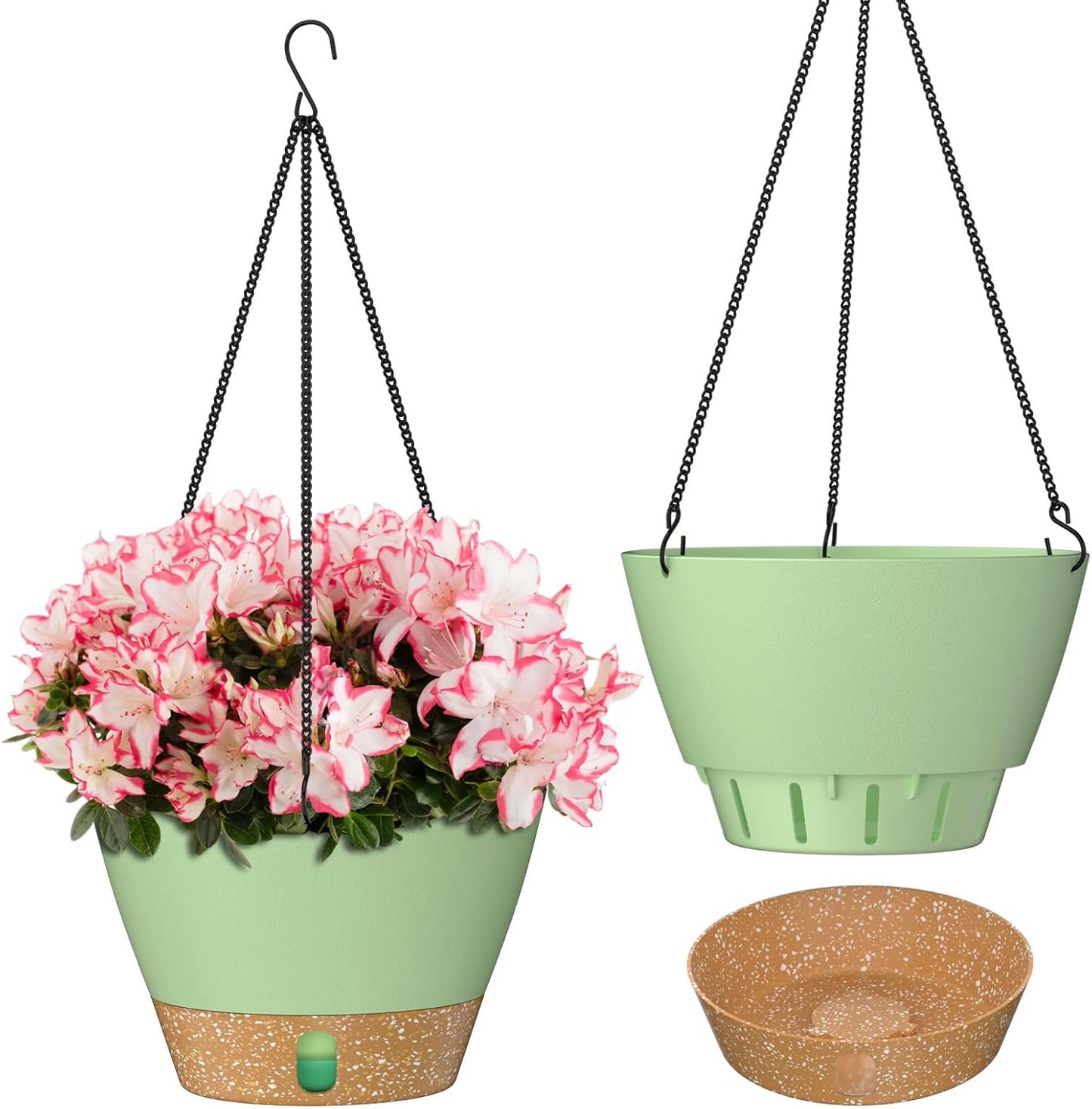 ZMTECH 8 Inch Hanging Planters for Indoor Plants, Hanging Baskets for Plants Outdoor with Visible Water Level, Hanging Flower Pots with Drainage Holes & Removable Tray(2 Pack, Green)