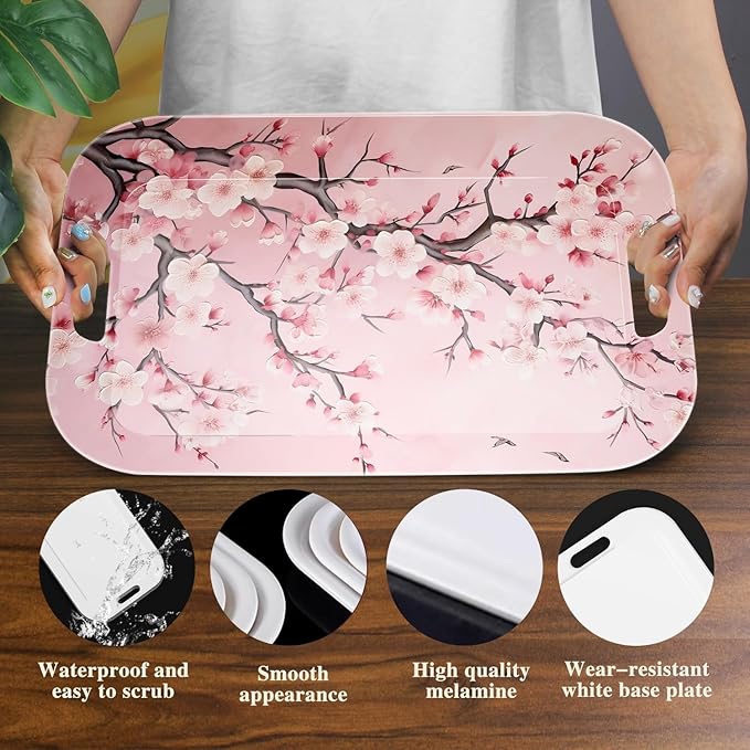 Serving Trays with Handles, 14.5 x 9.8 inch Rectangular Plastic Tray for Restaurant, Kitchen, Pink Cherry Blossom