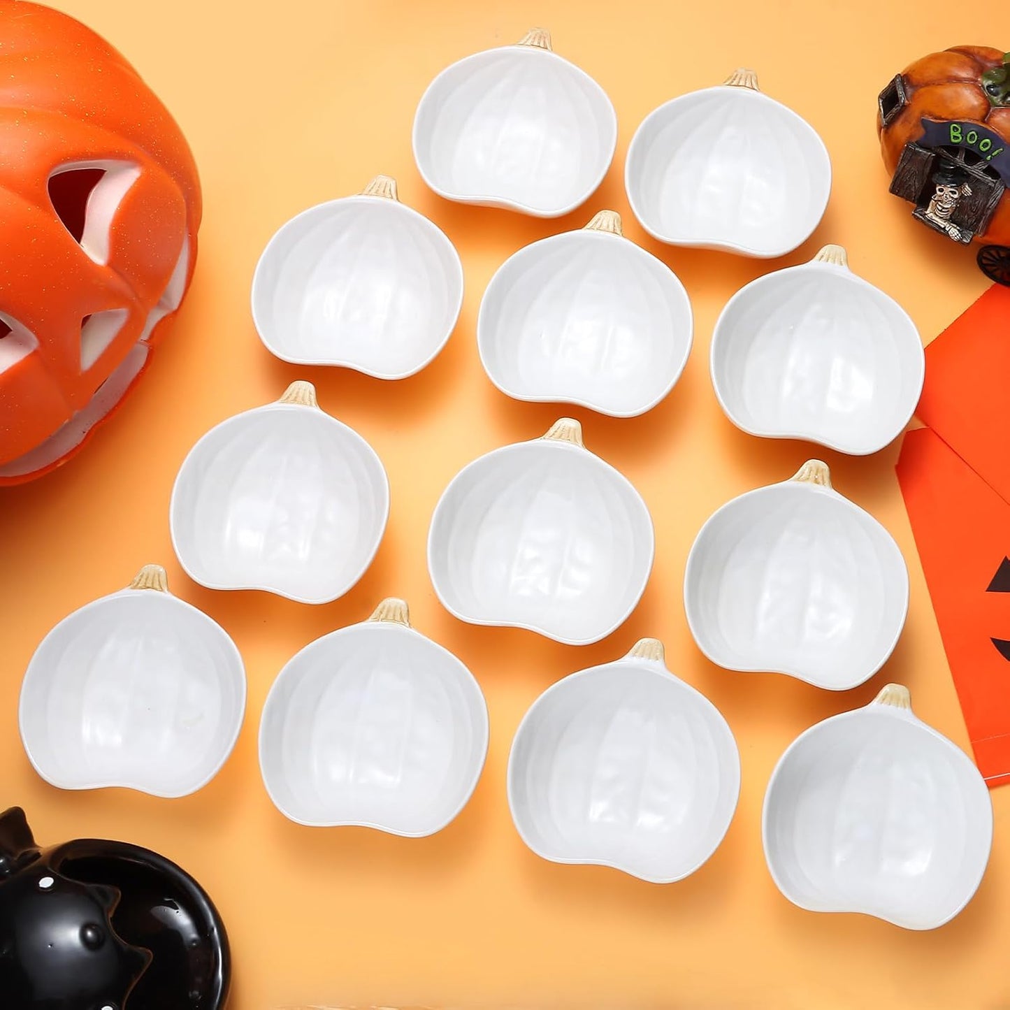 Kolewo4ever 12 Pieces Fall Ceramic Pumpkin Bowl 6 Ounces Ramekins Small Pumpkin Shaped Bowls Orange Dinnerware Decoration for Halloween Thanksgiving Serving Dip, Sauce, Condiments,Snack (Ivory White)