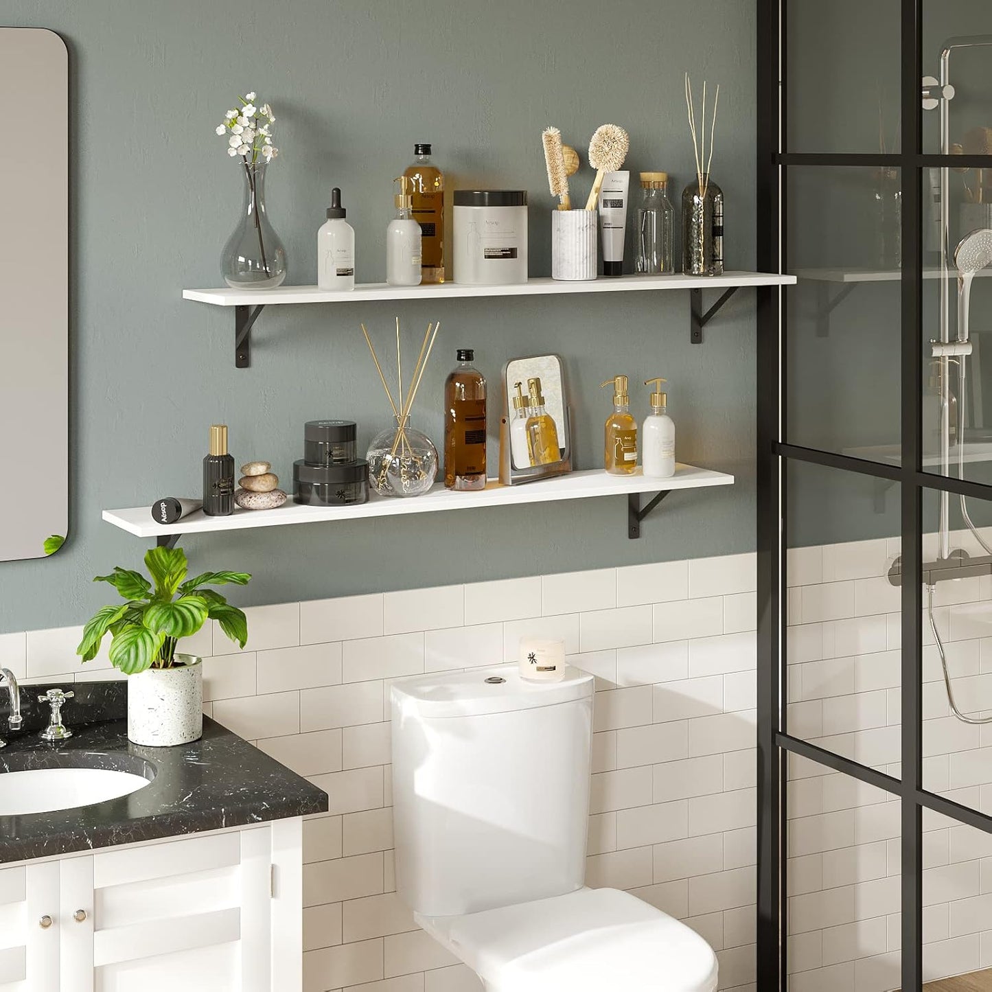 DINZI LVJ Long Wall Shelves, 55.1Inch Wall Mounted Shelves Set of 2, Extra Large Wall Storage Ledges with Sturdy Metal Brackets for Living Room, Bathroom, Bedroom, Kitchen, White