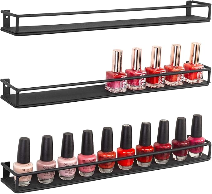 MyGift Set of 3 Wall-Mounted Black Metal Nail Polish and Essential Oils Display Shelves, Kitchen Spice Jars Rack