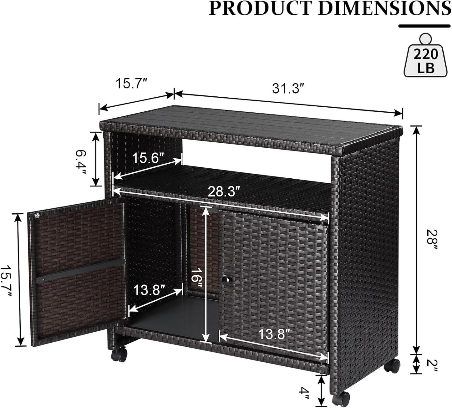 Outdoor Wicker Storage Cabinet - Patio Bar Table with Wheel,Outdoor Buffet Cabinet Movable,Garden Weather-Proof Bar Table/Cart for Indoor&Outdoor (Dark Brown)