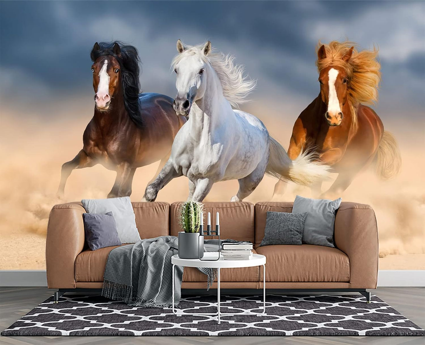 Three Running Horses Chinoiserie Wall Mural Wallpaper for Bedroom 137" x 100"