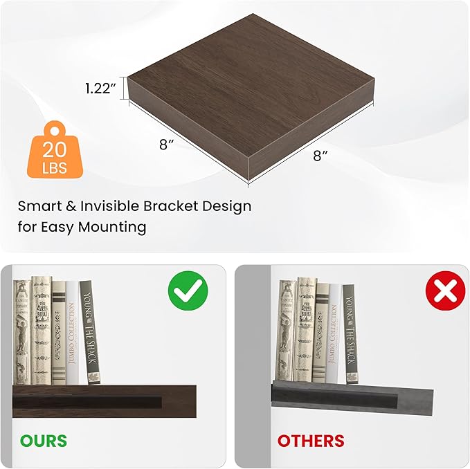 Square Floating Shelves for Wall, 8" W x 8" D x 1.2" H, Small Wooden Wall Mounted Display Shelves with Invisible Brackets for Living Room, Bedroom, Bathroom, Kitchen Decor, Set of 4, Walnut