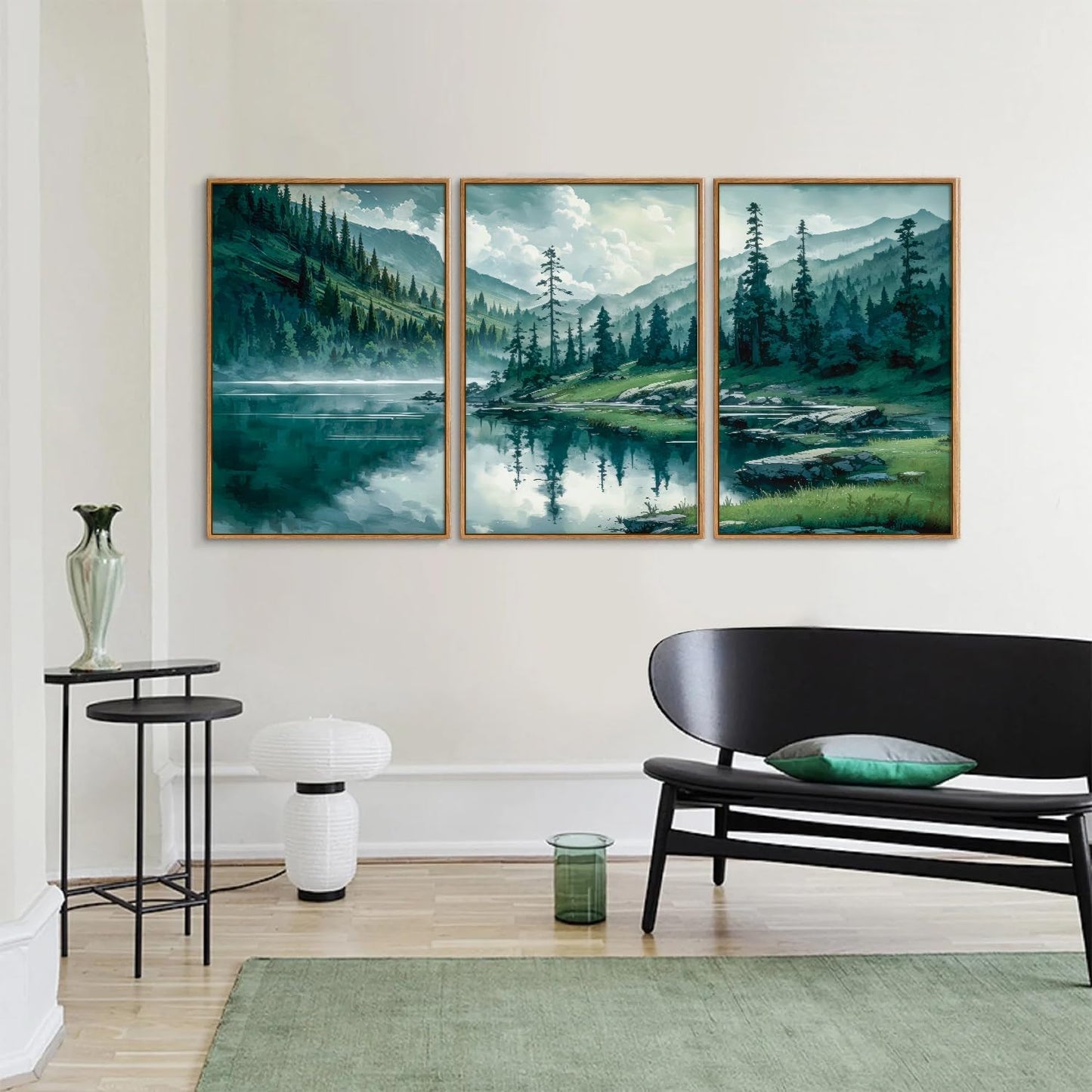 Tinonedraw Large Nature Forest Framed Canvas Wall Art Set, Boho Mountains Calming Lake Wall Decor, Green Pine Trees Artwork, Northern Wilderness Art Painting for Living Room Bedroom Office 16"x24"x3