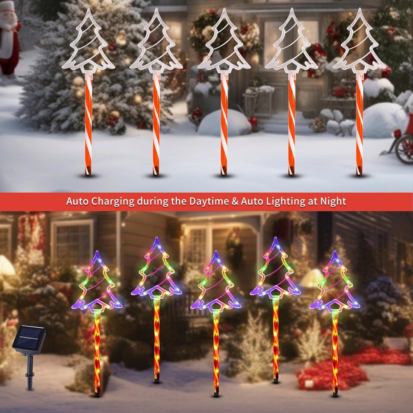 Christmas Solar Pathway Lights Outdoor Decorations， 8 Modes Xmas Tree Candy Lights Waterproof Led Garden Stake Light for Walkway Yard Lawn Porch Holiday Decor 5-Pack (Multicolor Tree, 5 Pack)