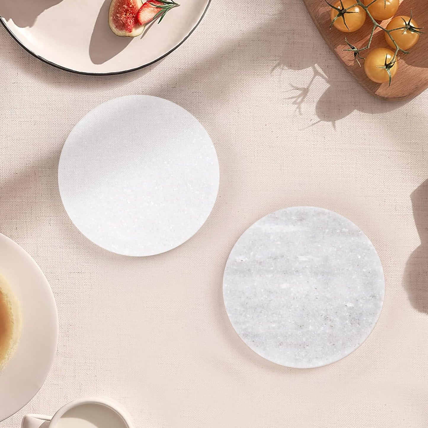 Light Gray Marble Coasters with Bling Particles Set of 4 - Natural Marble Stone Drink Coaster with Protective Silicone Feet, 4 inch Diameter, 0.4 inch Thick - Heat-Resistant Coasters for Coffee Table