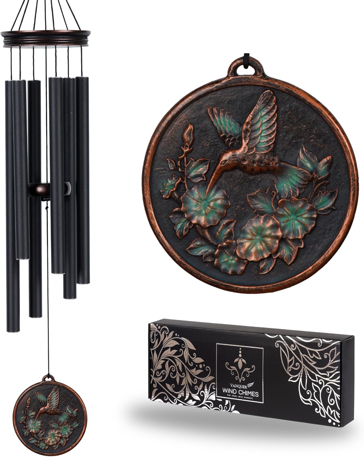 Vanquer Large Wind Chimes for Outside Deep Tone - 34'' Wind Chimes Outdoor Clearance, Windchimes Outdoors, Hummingbird Wind Chime,Sympathy Gift, Patio, Home Décor, Vintage Black (34" Hummingbird)