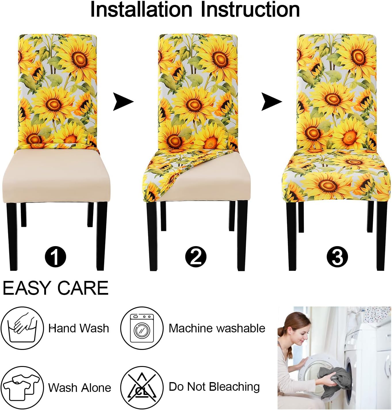 JQinHome Pattern Chair Covers for Dining Room Set of 4, High Stretch Removable Washable Parsons Chair Slipcover for Home Party Hotel Wedding Ceremony (Sunflower,4PCS)