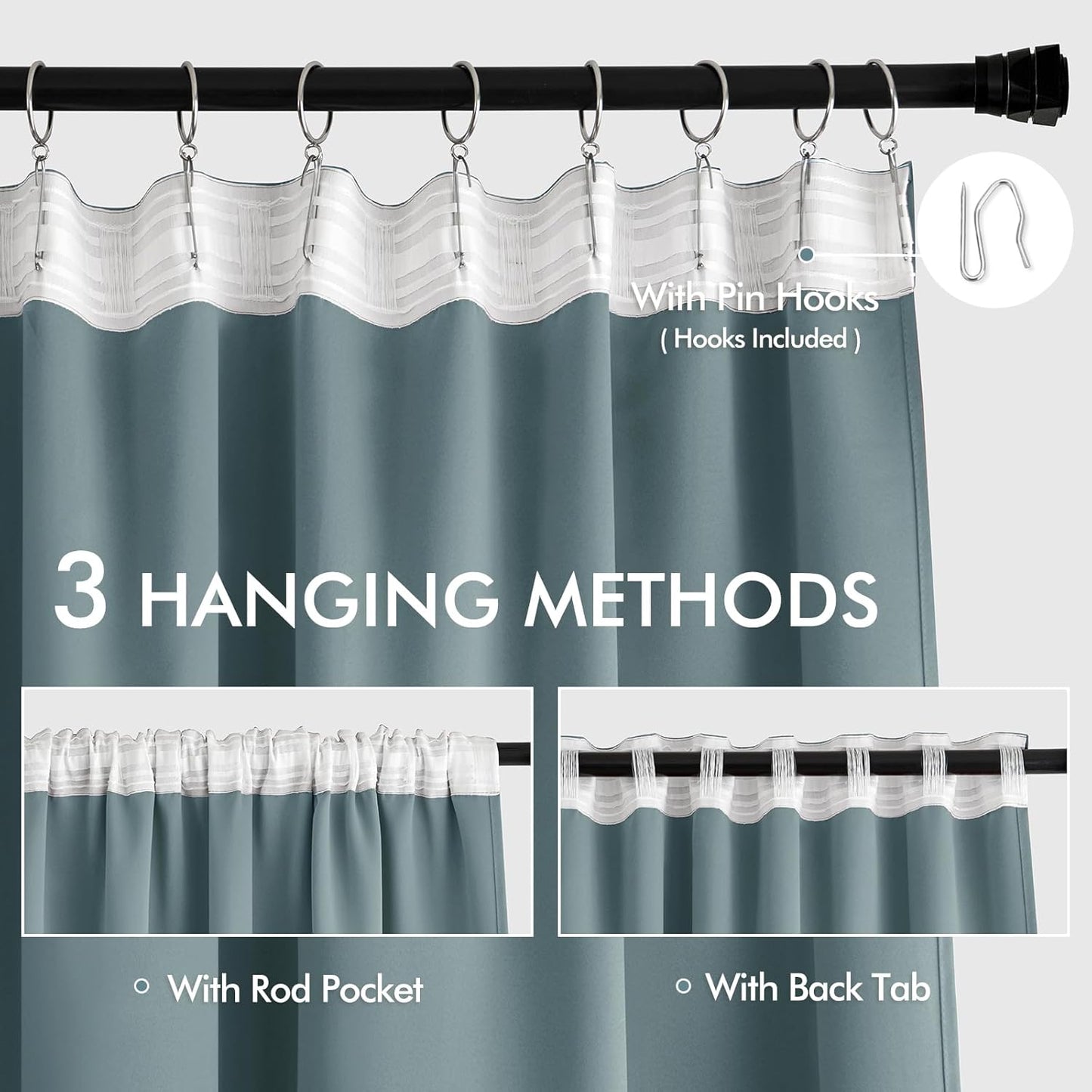 MIULEE Greyish Blue Back Tab Blackout Curtains 102 Inch Long 2 Panels Set for Bedroom, Rod Pocket/Pinch Pleated Thermal Insulated Living Room Darkening Light Blocking Floor to Ceiling Drapes