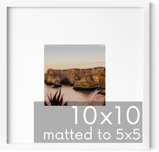 HAUS AND HUES 10x10 White Metal Picture Frame Matted to 5x5 - Features Vertical & Horizontal Hanging, Shatterproof Plexiglass - Ideal for Home, Room, Office (10x10 in, White, Set of 1)