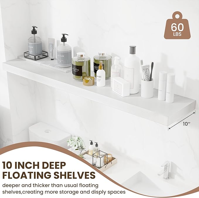 Fun Memories 55 Inch Fireplace Mentel Shelf, 10 Inch Deep Shelves for Display & Wall Storage, Rustic Wood Wall Shelf, Extra Long Floating Shelves for Living Room Laundry Room, White, Set of 1