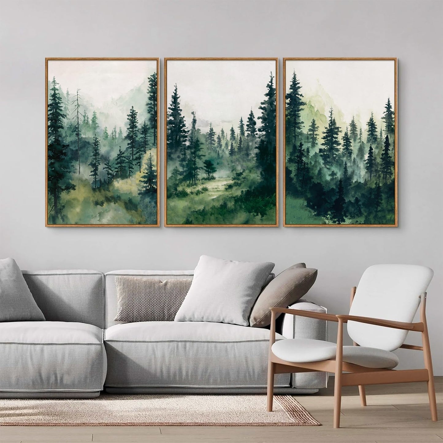 Tinonedraw Watercolor Forest Framed Canvas Wall Art Set, Modern Pine Tree Wall Painting, Nature Foggy Landscape Wall Decor, Misty Mountain Art Prints for Bedroom Living Room Farmhouse Office 16"x24"x3