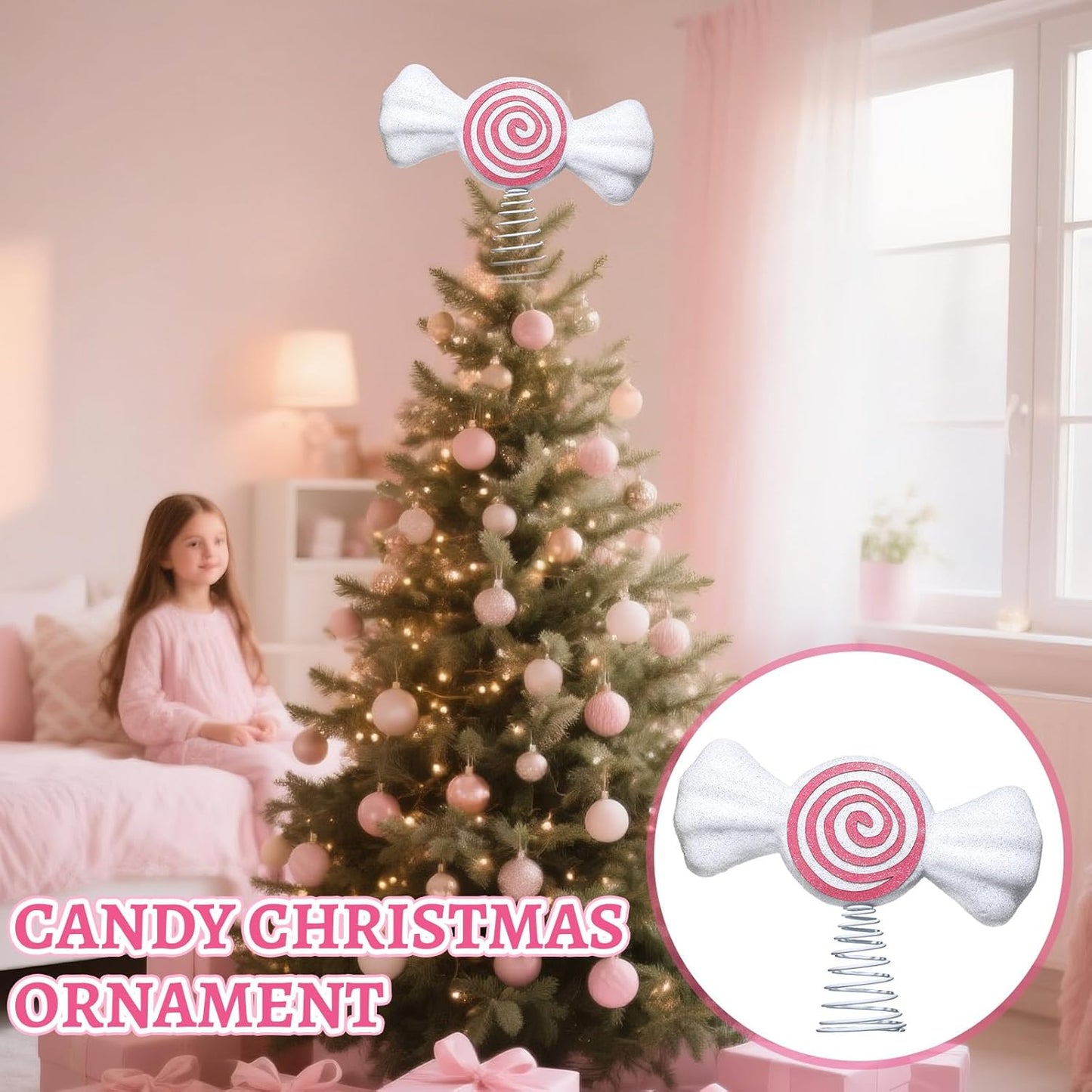 Retisee 9.8 in Large Pastel Candy Christmas Tree Topper Pink Candy Swirl Treetop Pink Pastel Candycane Christmas Ornaments for Xmas New Year Birthday Party Tree Decorations