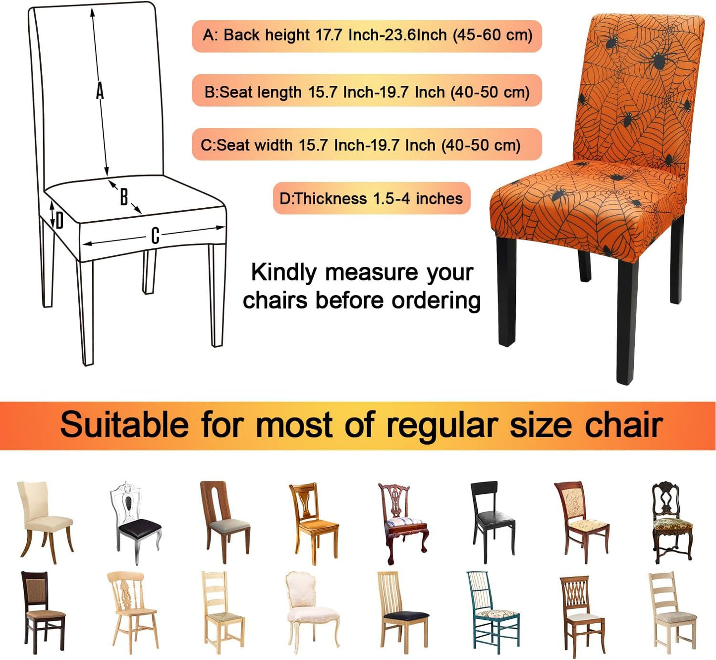 JQinHome Halloween Orange Dining Chair Slipcover, Spider Web Chair Covers Set of 6 ，High Stretch Washable Chair Protector Cover for Dining Room, Kitchen,Home Party,Wedding Ceremony(Orange, 6PC)