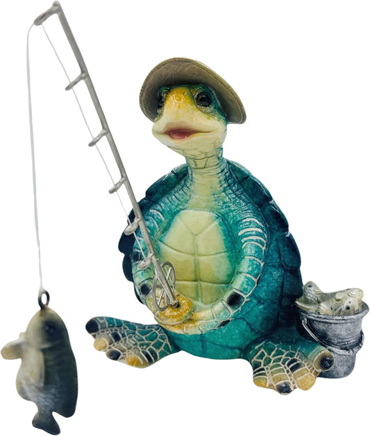 Turtle Fishing Decor, Summer Garden Statues, Nautical Coastal Beach Decorations, Home Office Decor Gifts, Bookshelf Desk Bathroom Tabletop Statue Ornament (Turtle Fishing)