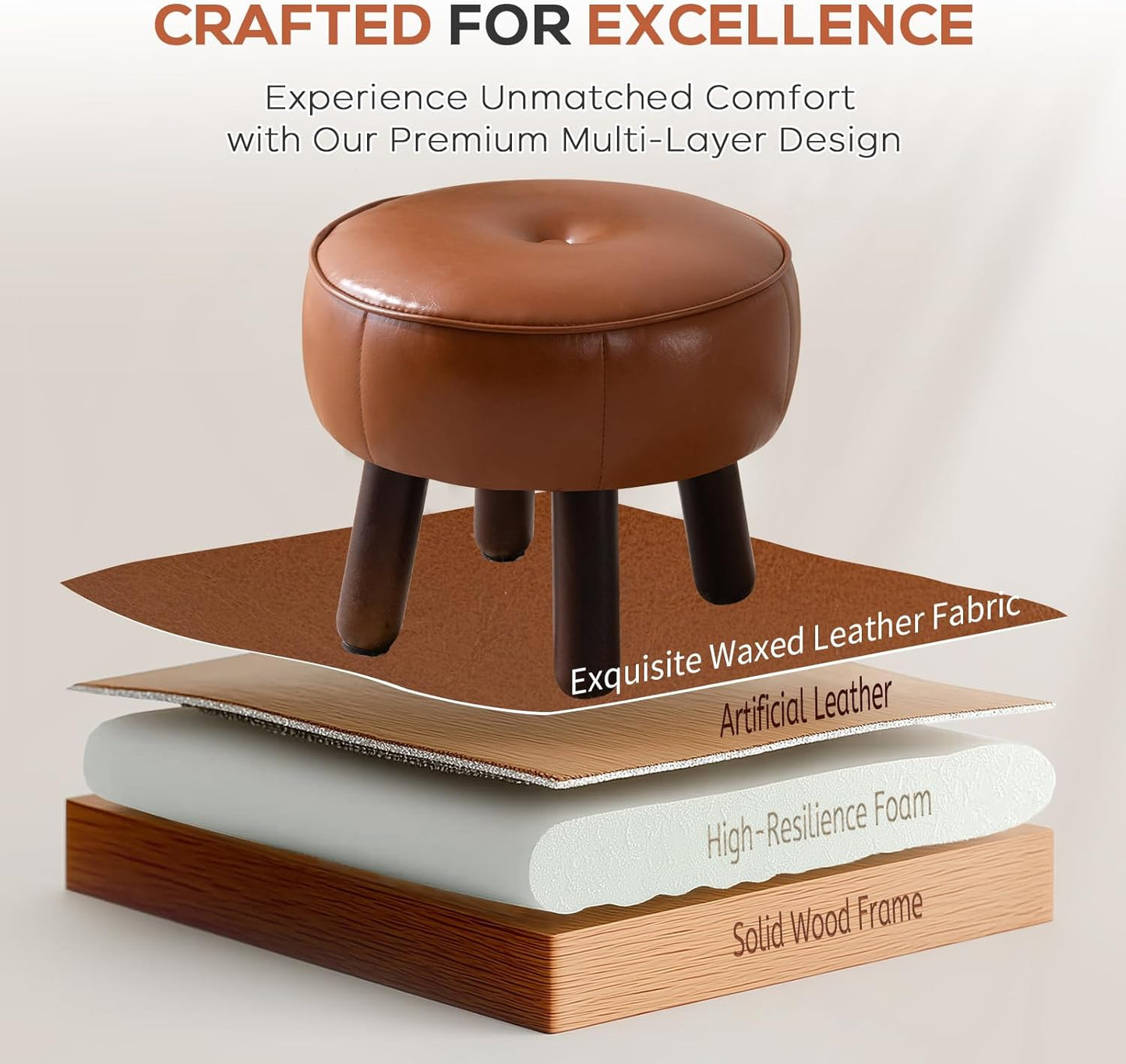 Small Foot Stool, Round Faux Leather Pouf Ottoman Foot Rest, Footstool Ottomans with Rubber Legs Under Desk, 13''L x 13''W x 10.2''H, Footrest for Couch, Living Room, Bedroom, Hallway, Brown