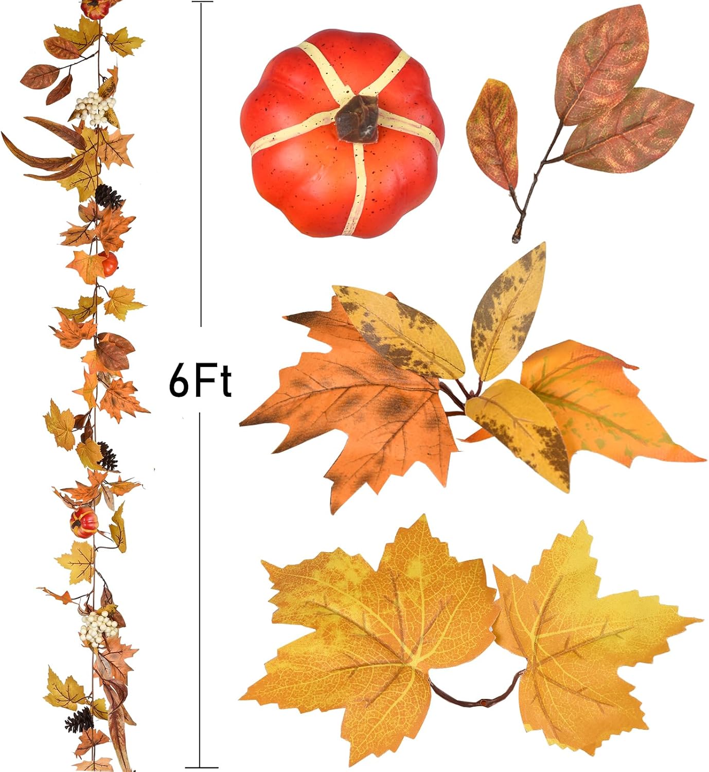 Lvydec Fall Maple Leaves Garland Decoration -6ft Artificial Fall Foliage Garland with White Pumpkins Pine Cone Autumn Decor for Halloween Thanksgiving Home Table Decor