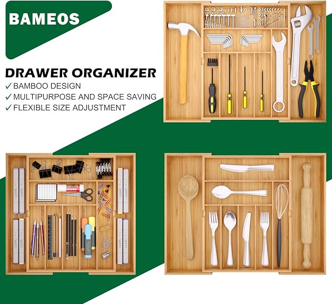 BAMEOS drawer organizer flatware organizer cutlery tray silverware organizer expandable adjustable bamboo drawer organizer kitchen bathroom