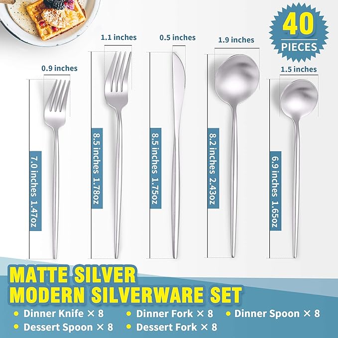 Matte Silverware Set for 8,Modern Stainless Steel Brushed Cutlery Set,40-Pieces Heavy Duty Flatware Set,Knives Spoons and Forks Set Utensils Set, Satin Finish, Dishwasher Safe