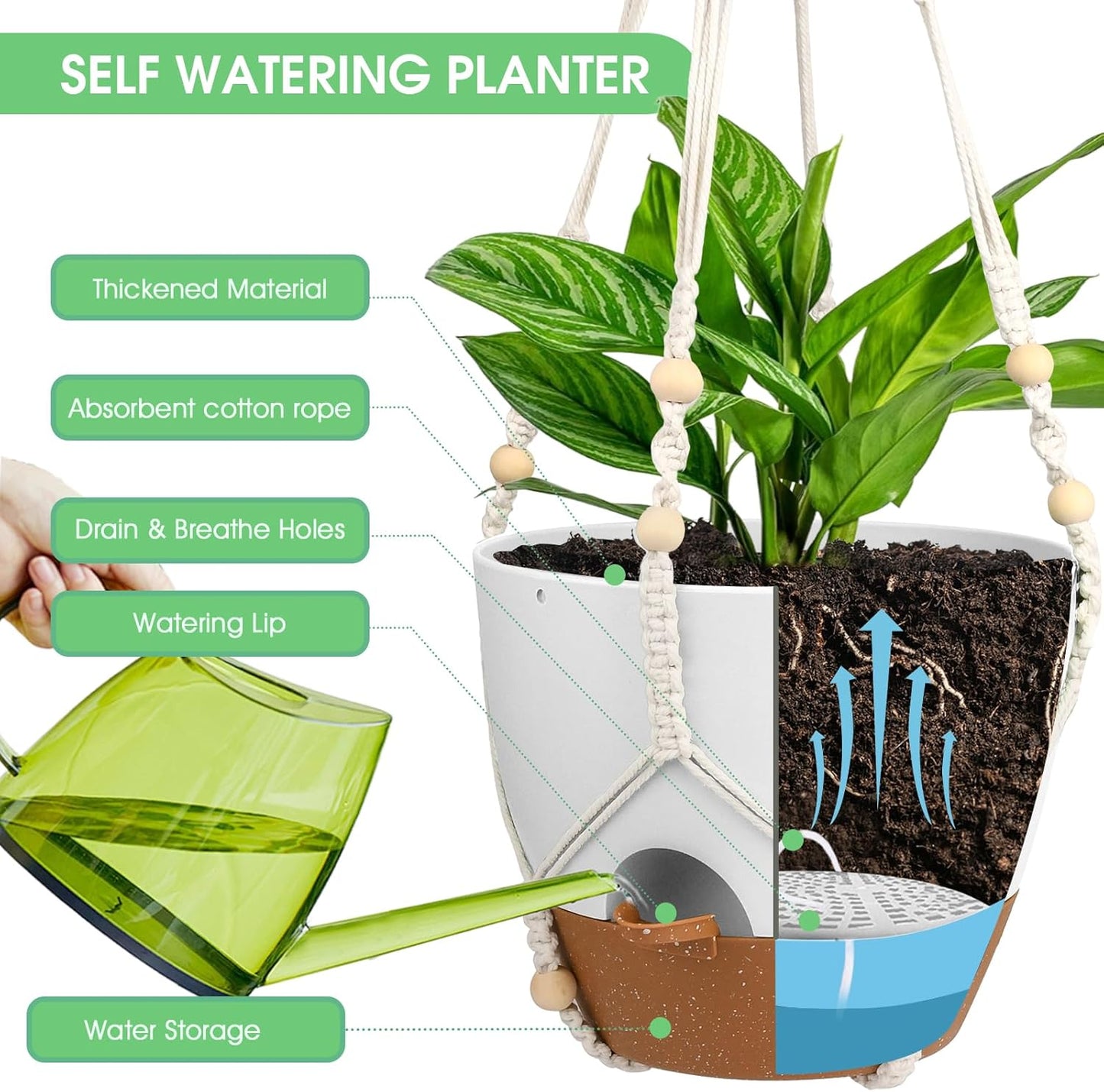 Hanging Planters for Indoor Outdoor Plants, 2 Pack Self Watering Hanging Pot with Drainage Holes, Removable Tray & 2 Kinds of Plant Hangers, 10'' Hanging Flower Pots for Home Garden Decor, White