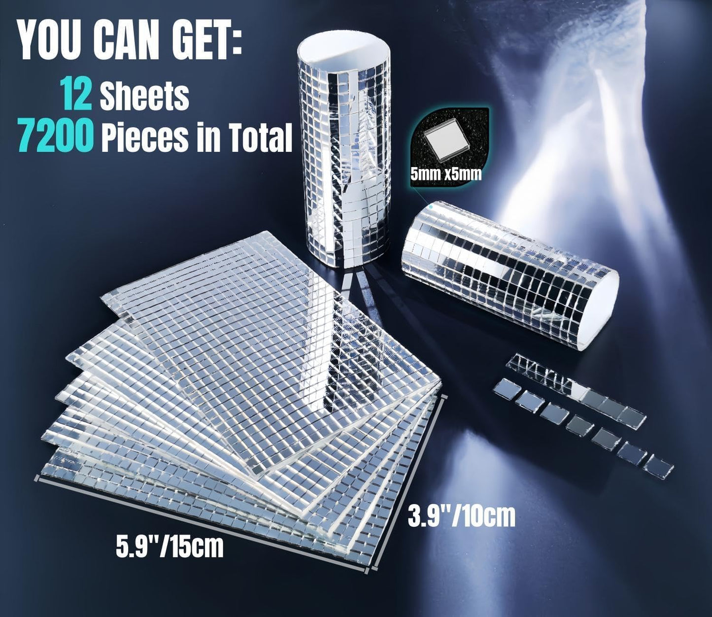 Disco Mirror Tiles,7200 Pcs Self-Adhesive Glass Mini Square Mosaic Tiles/Stickers for DIY Craft Decoration,5 x 5 mm