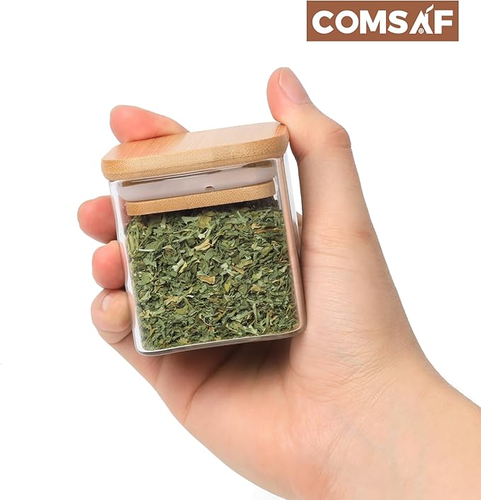 ComSaf 16Pcs Glass Spice Jars with Bamboo Lid, 4oz Airtight Square Spice Containers with 275 Black Lables, Empty Seasoning Jars for Spice Salt Sugar