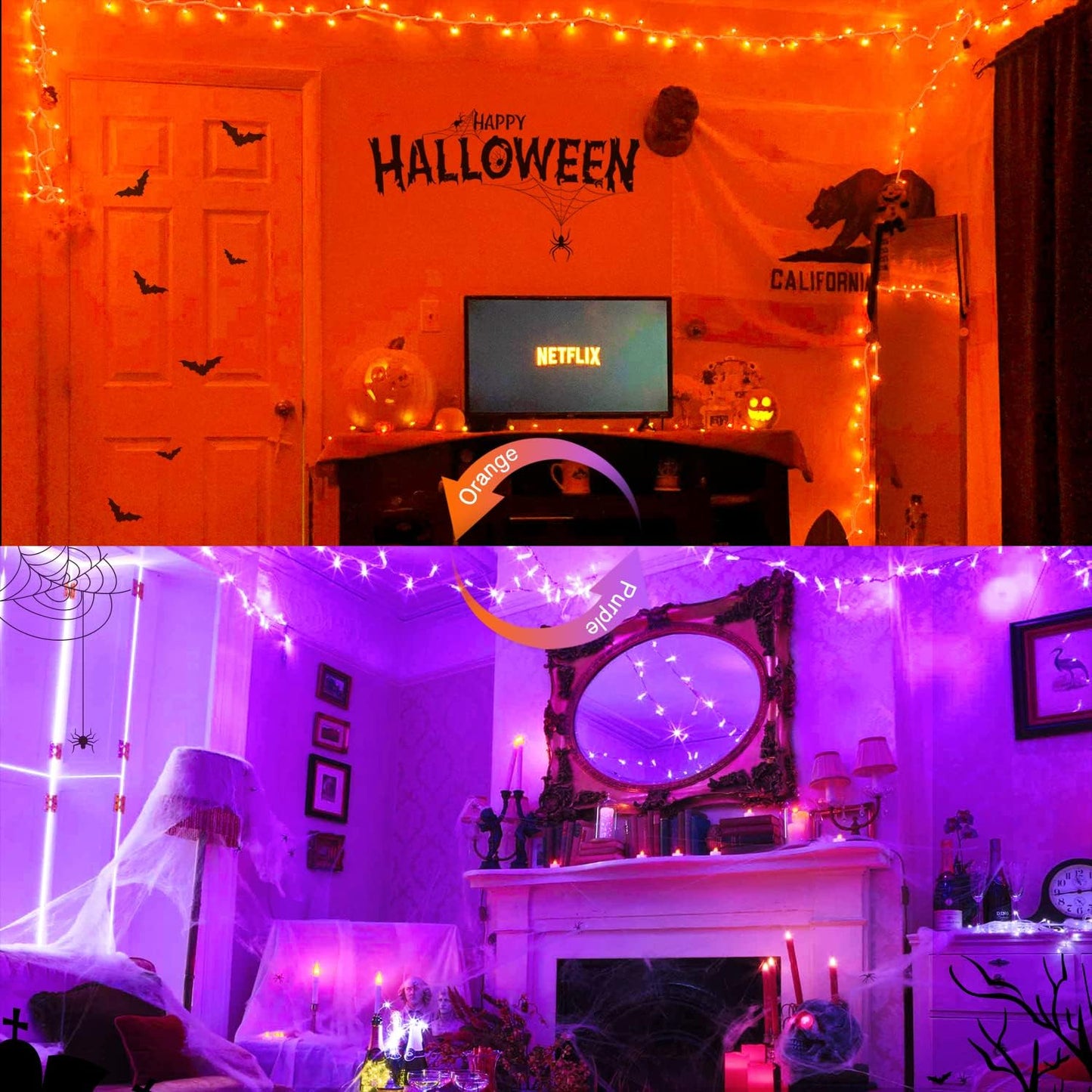 JMEXSUSS 100 LED Orange & Purple Halloween Lights - Plug in, Connectable Color Changing String Lights, 33ft Indoor/Outdoor for Halloween Party Decor & Christmas