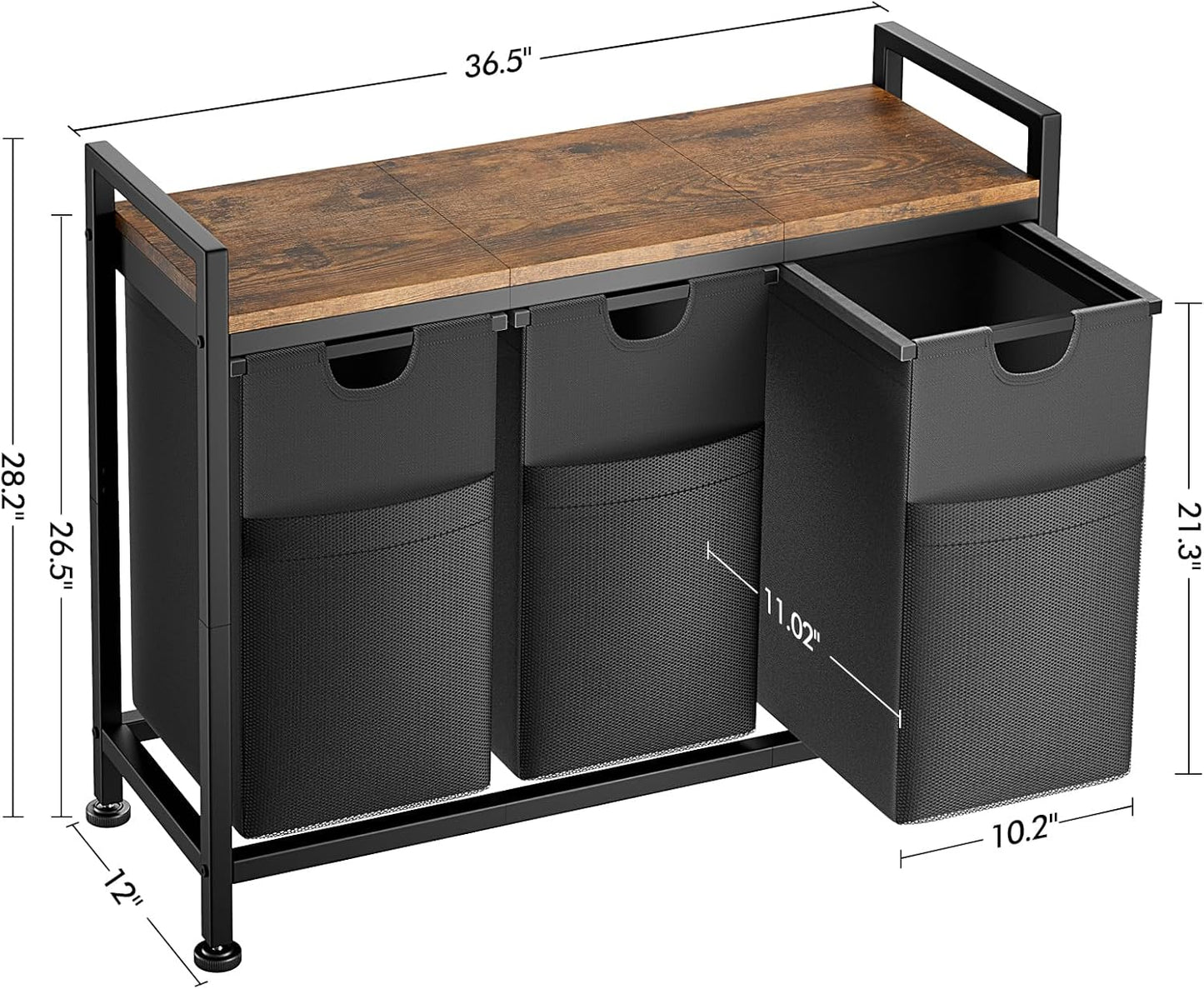 Lulive Laundry Hamper, Laundry Basket Organizer with 3 Pull-Out Removable Bags & Large Top Shelf, 3 × 12.5 Gal (142L) Freestanding Laundry Sorter 3 Sections for Laundry Room, Bathroom and Dorm