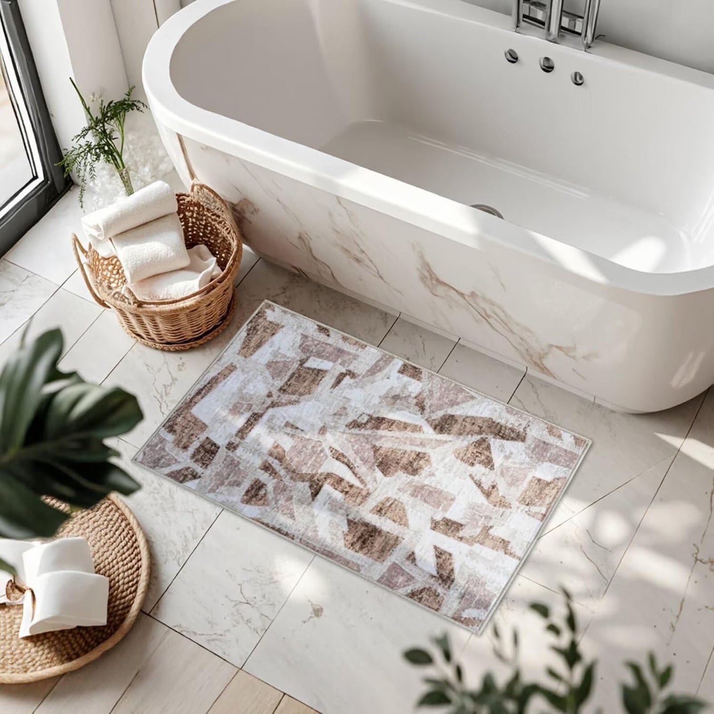 Modern Abstract Door Mat Indoor Entrance 2X3 Brown Rug Washable, Non-Slip Small Rugs for Entryway Bathroom Ultra-Thin, Throw Carpet for Kitchen Bedroom Nursery Kids Print Faux Wool