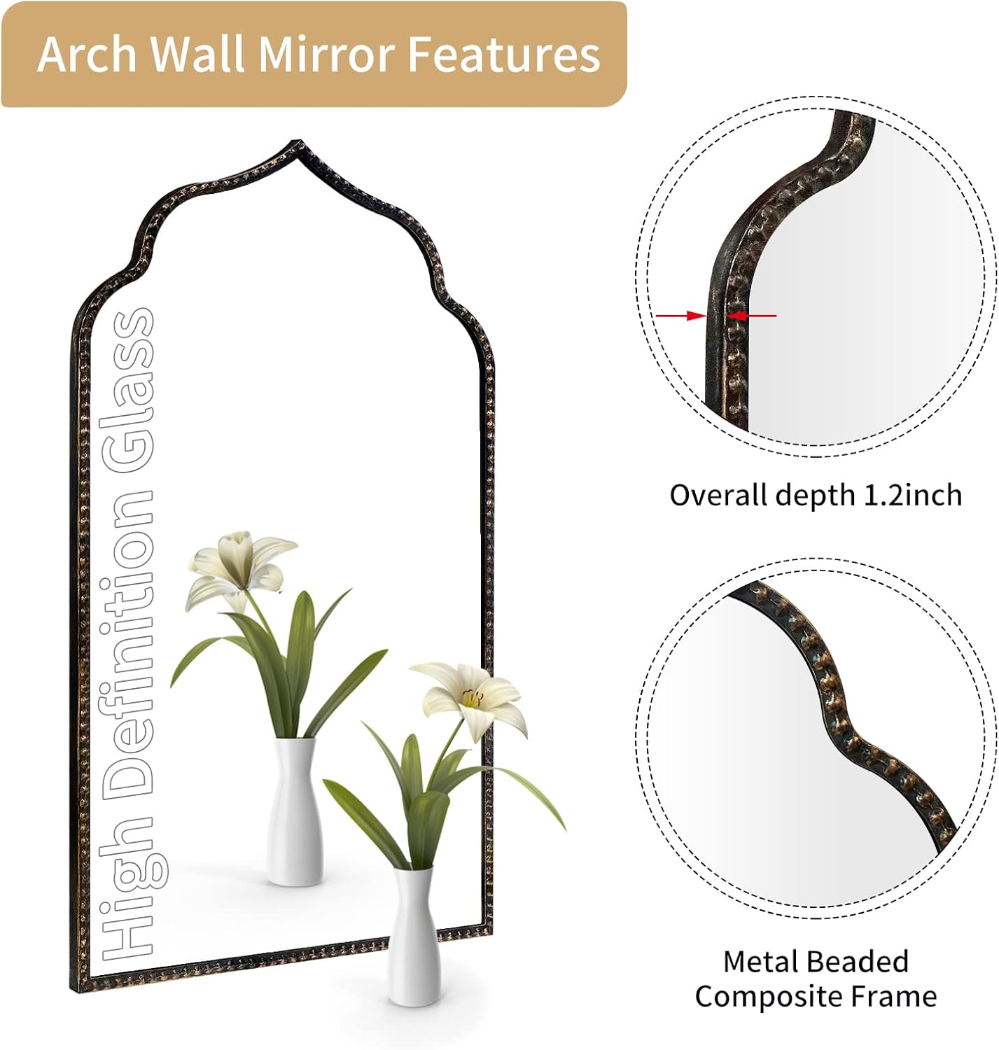 Arch Wall Mirror, 22" W x 38" H Marlowe Mirror, Metal Beaded Frame Large Modern Mirror,Antique Black
