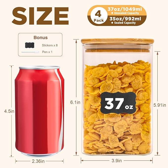 Glass Food Storage Jars Square 37oz, 4 Pack Glass Jars With Bamboo Lids, Kitchen Storage Containers For Spice, Candy, Cookie, Storage For Pantry Organizers